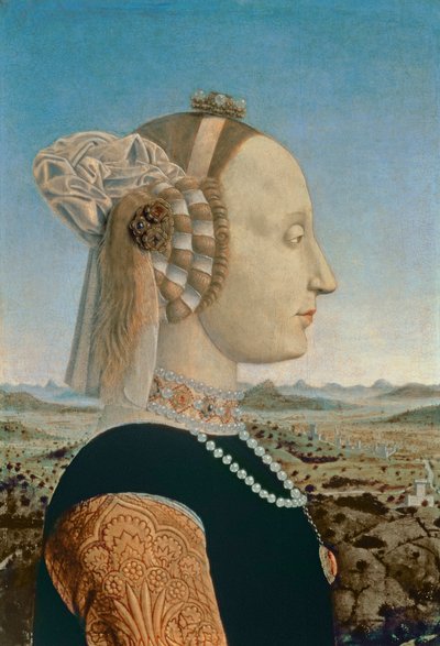 Battista Sforza, Frau von Federigo da Montefeltro, Herzog von Urbino, ca. 1465 (Detail) von Piero della Francesca